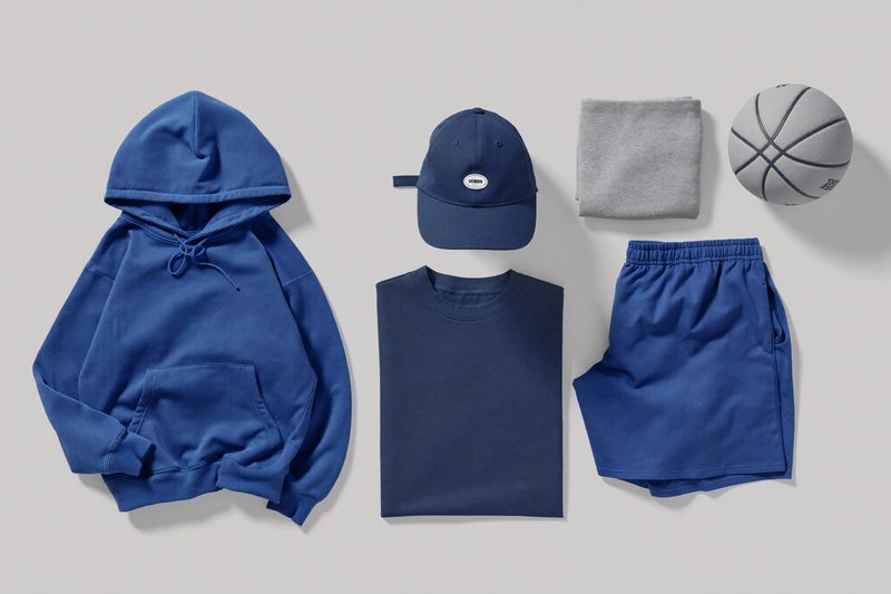 Folded royal-blue and navy team apparel — hoodie, tee, cap, shorts — with a basketball.
